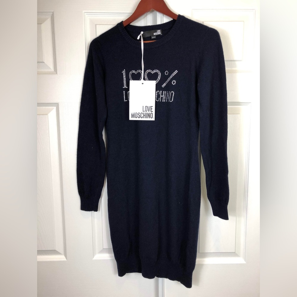 NWT Love Moschino Diamante Logo Wool-Blend Dress Blk 40